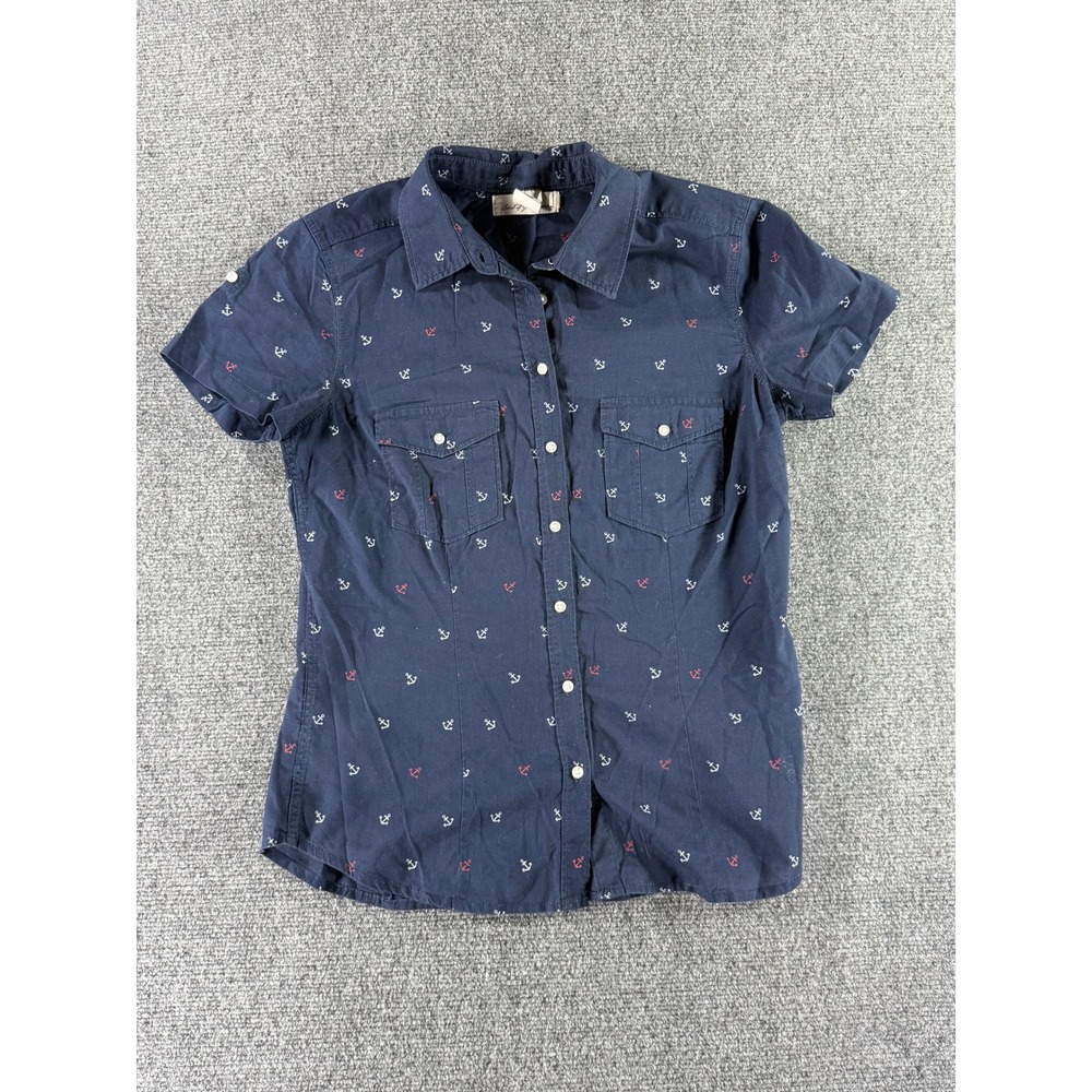 H&M LOG womens Navy Blue Anchor Print Short Sleeve Button Down Shirt Size 8